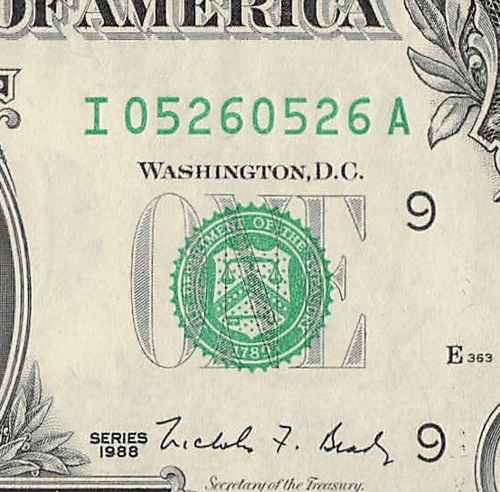 Repeater Fancy Serial Number One Dollar Bill 0s 2s 5s 6s 1988 IA Block