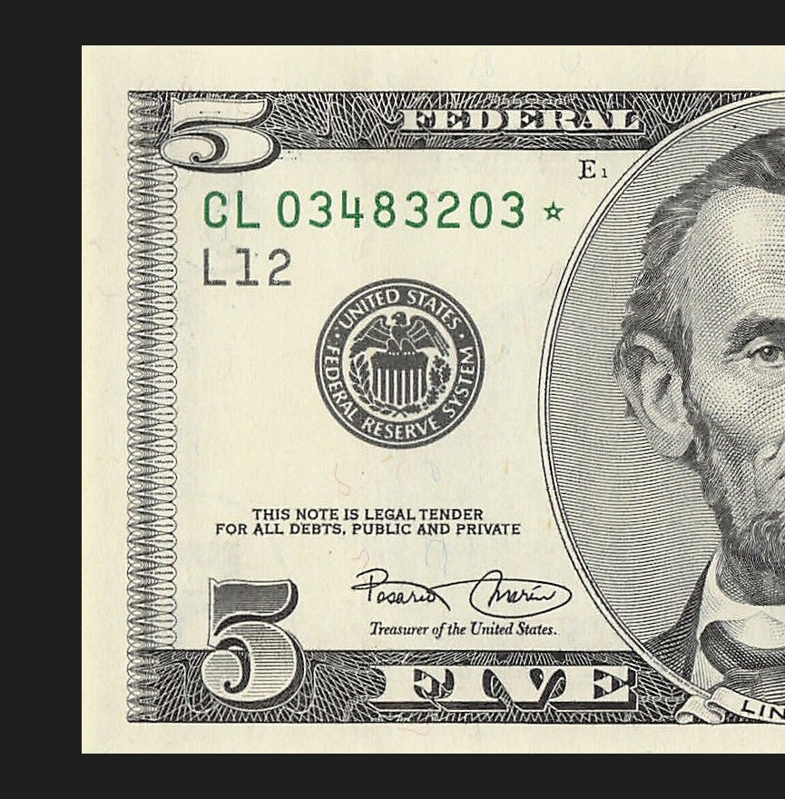 Star Note Five Dollar Bill 2001 $5 CL* San Francisco Run 2 UNC 1.92 Million