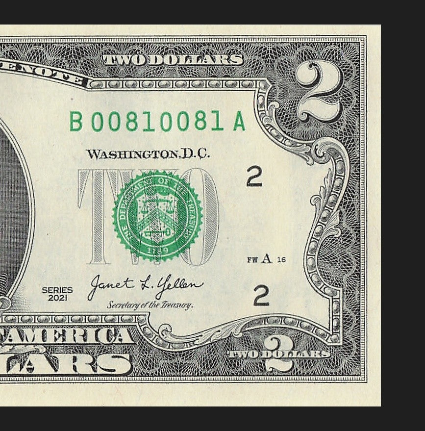 2021 $2 Two Dollar Bill Repeater Fancy Serial Number Janet Yellen 0s 8s 1s