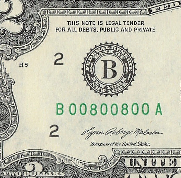 2021 $2 Two Dollar Bill Binary Radar Fancy Serial Number 0s 8s Janet Yellen