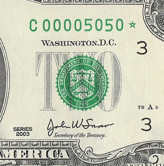 Binary Low Serial Number Star Note Two Dollar Bill C00005050* 5s 0s Philadelphia