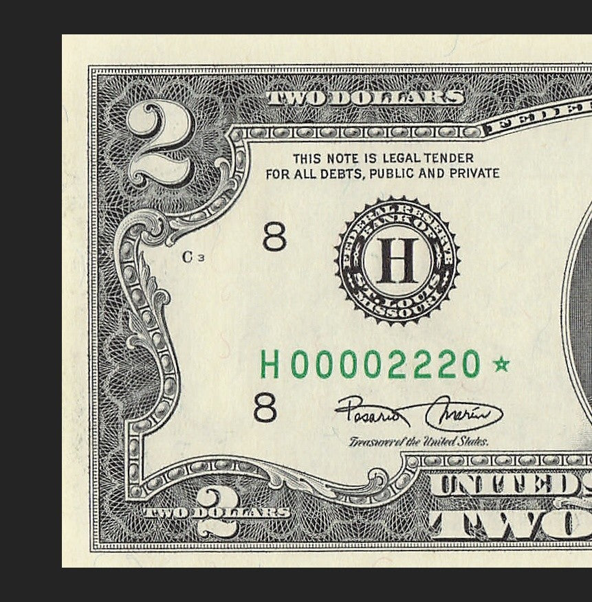Binary Low Serial Number Star Note Two Dollar Bill H00002220* 2s 0s St Louis
