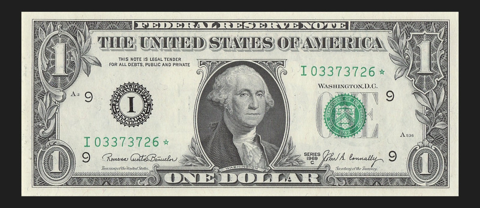 Star Note One Dollar Bill 1969C $1 I* Block Minneapolis Run 1 640K Run UNC
