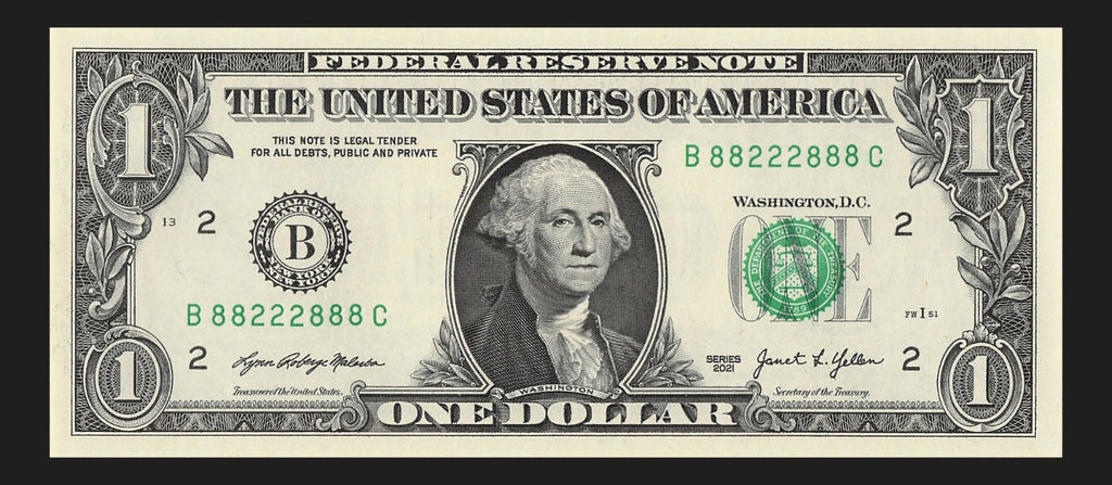Binary Fancy Serial Number One Dollar Bill 2021 $1 BC Block 2s 8s