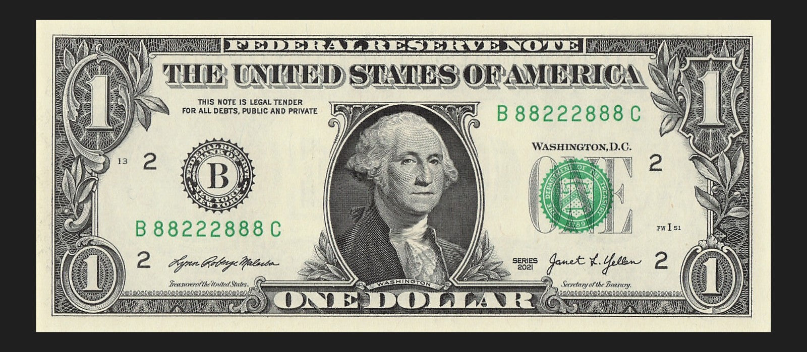 Binary Fancy Serial Number One Dollar Bill 2021 $1 BC Block 2s 8s