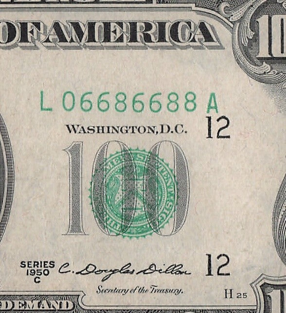 Flipper Fancy Serial Number One Hundred Dollar FRN 0s 6s 8s 1950 C San Francisco