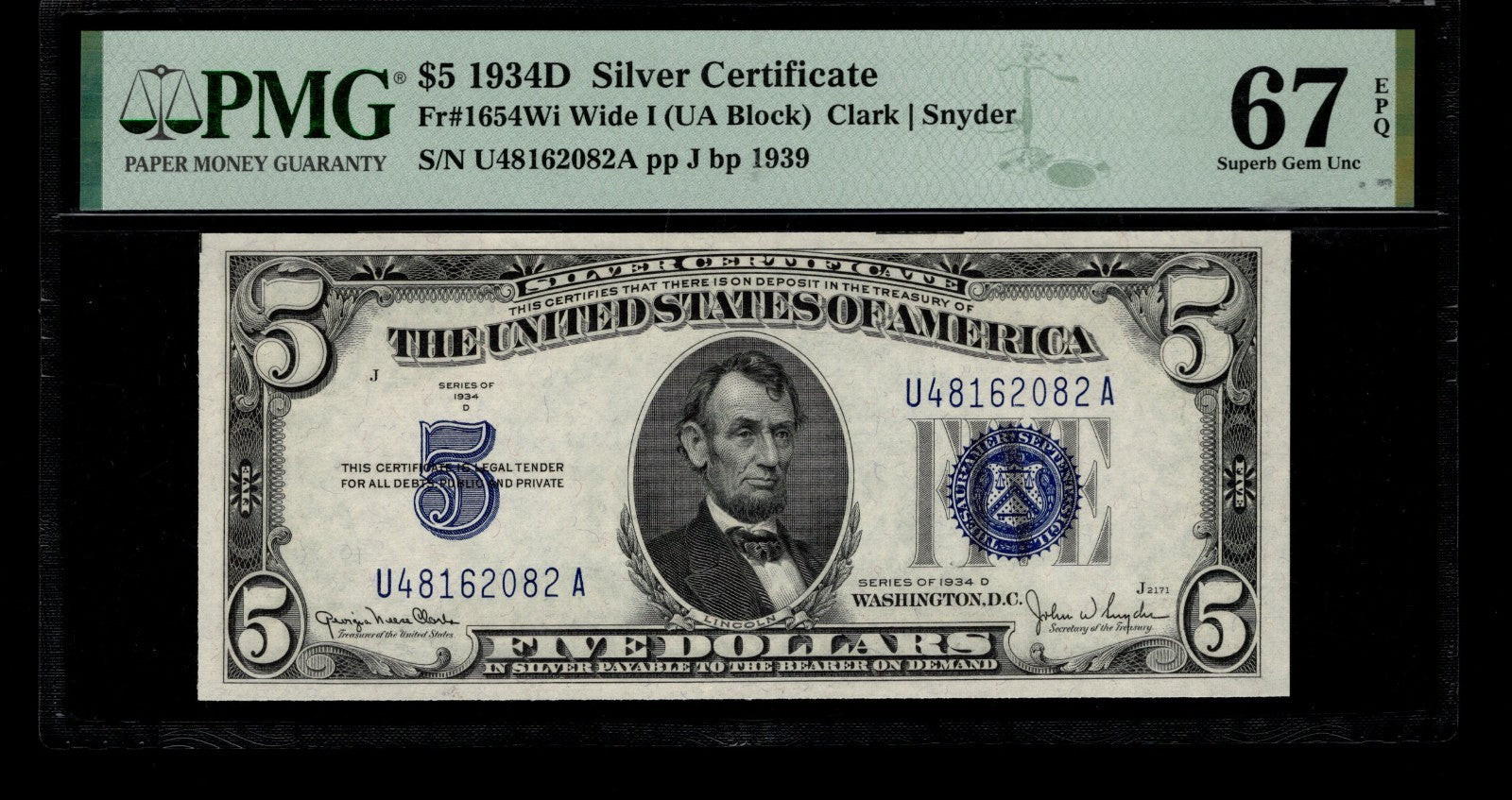 Five Dollar Silver Certificate FR 1654Wi PMG 67 1934D $5