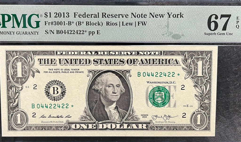 2013 B Duplicate Star Note Error One Dollar Bill B04422422* 67EPQ FW Trinary