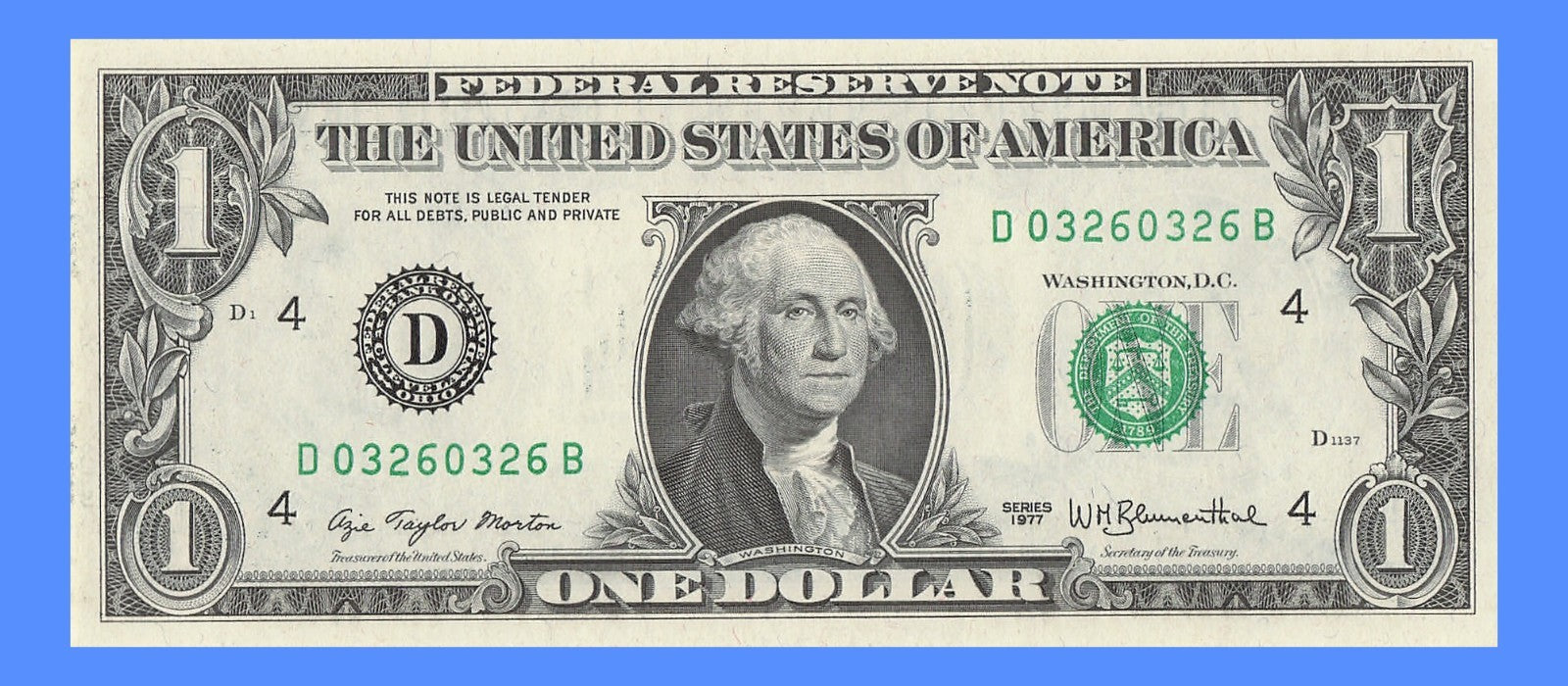 Repeater Fancy Serial Number One Dollar Bill 1977 Richmond 0s 2s 3s 6s DB
