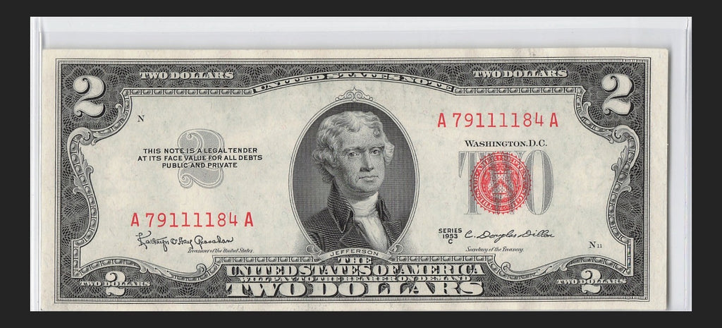 Four in a Row 1s Fancy Serial Number Two Dollar Red Seal 1953C $2 POS 3