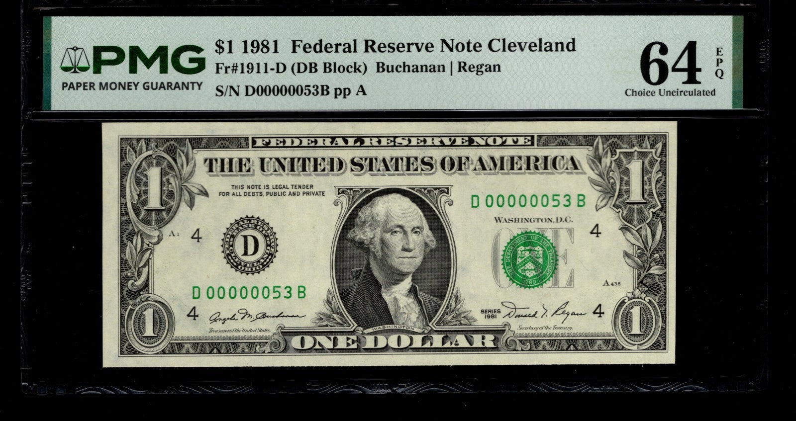Low Serial Number 53 Fancy Serial Number One Dollar Bill PMG D00000053B