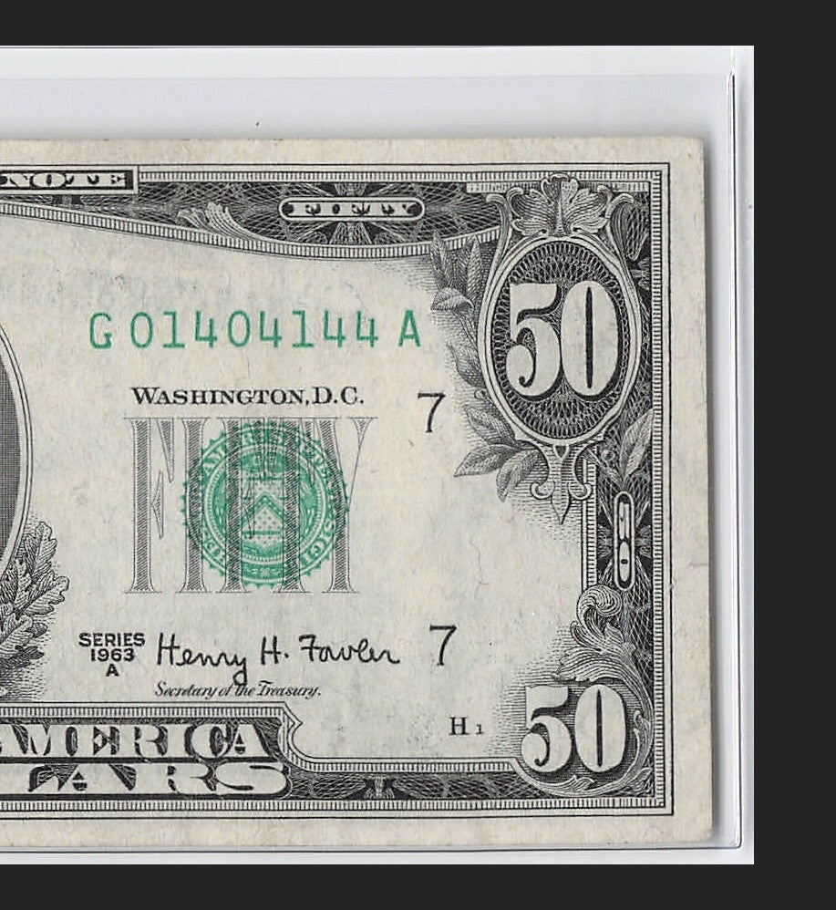 Trinary Fancy Serial Number Fifty Dollar Federal Reserve Note 0s 1s 4s 1963A