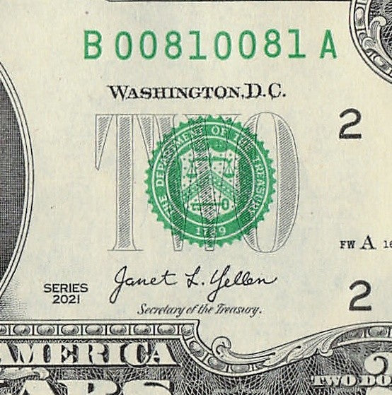 2021 $2 Two Dollar Bill Repeater Fancy Serial Number Janet Yellen 0s 8s 1s