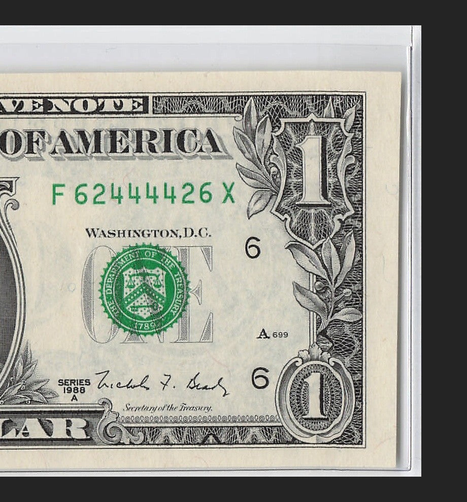 Radar Fancy Serial number One Dollar Bill FX Block X Run 1988A F62444426X