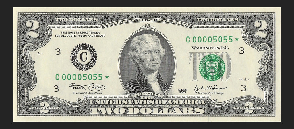 Binary Low Serial Number Star Note Two Dollar Bill C00005055* 5s 0s Philadelphia
