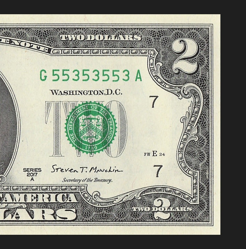 Binary Two Dollar Bill Fancy Serial Number 2017A $2 Binary 3s 5s