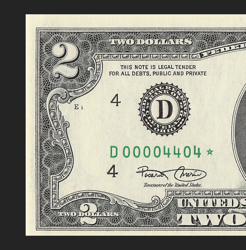 Binary Low Serial Number Star Note Two Dollar Bill D00004404* 4s 0s Cleveland