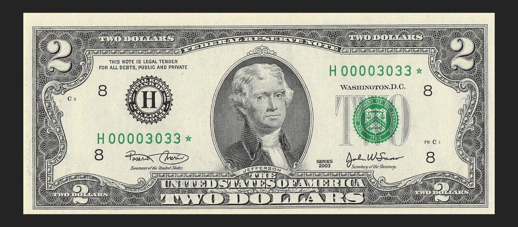 Binary Low Serial Number Star Note Two Dollar Bill H00003033* 3s 0s St Louis