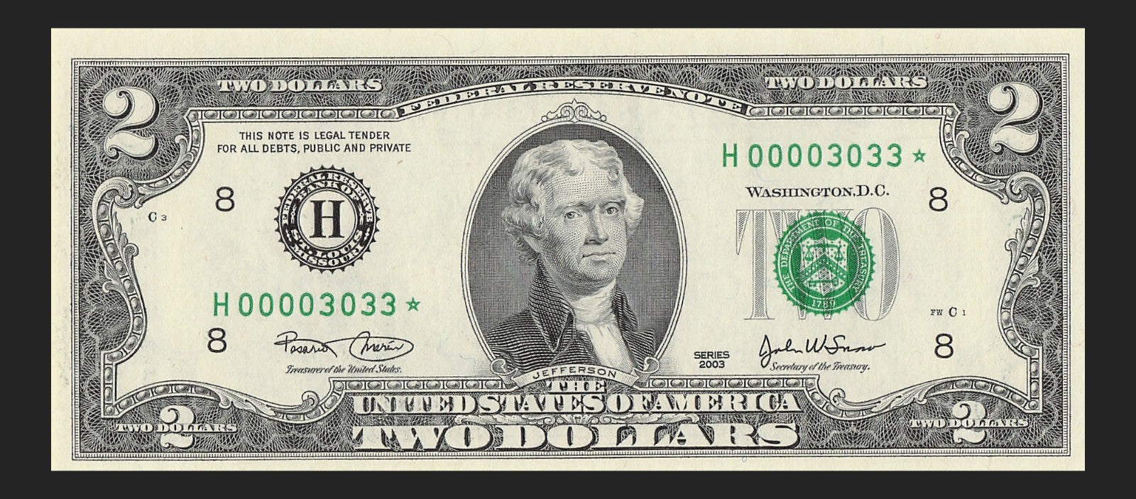 Binary Low Serial Number Star Note Two Dollar Bill H00003033* 3s 0s St Louis