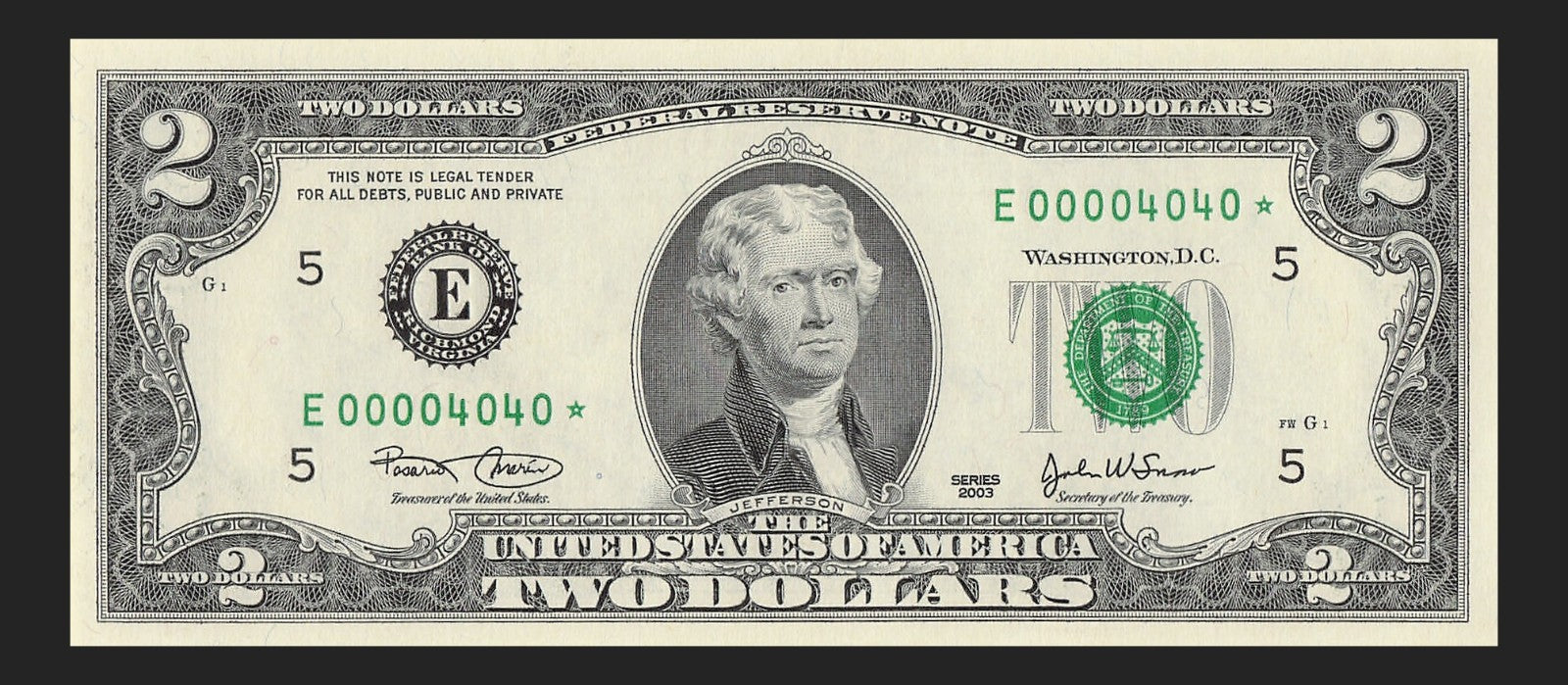 Binary Low Serial Number Star Note Two Dollar Bill E00004040* 4s 0s Richmond