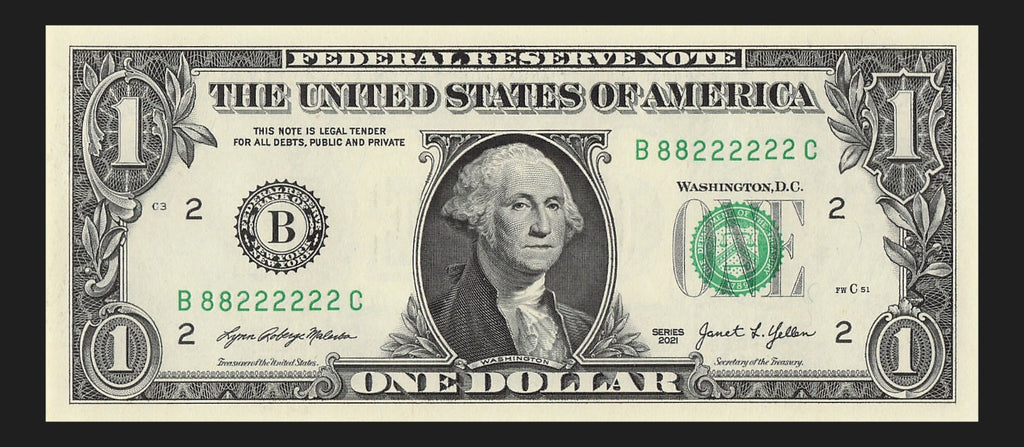 Binary Fancy Serial Number One Dollar Bill 2021 $1 BC Block 2s 8s Six in a Row