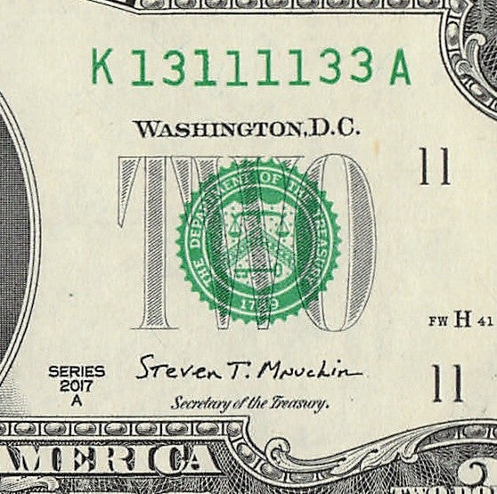Binary Two Dollar Bill Fancy Serial Number 2017A $2 Dallas Binary 3s 1s