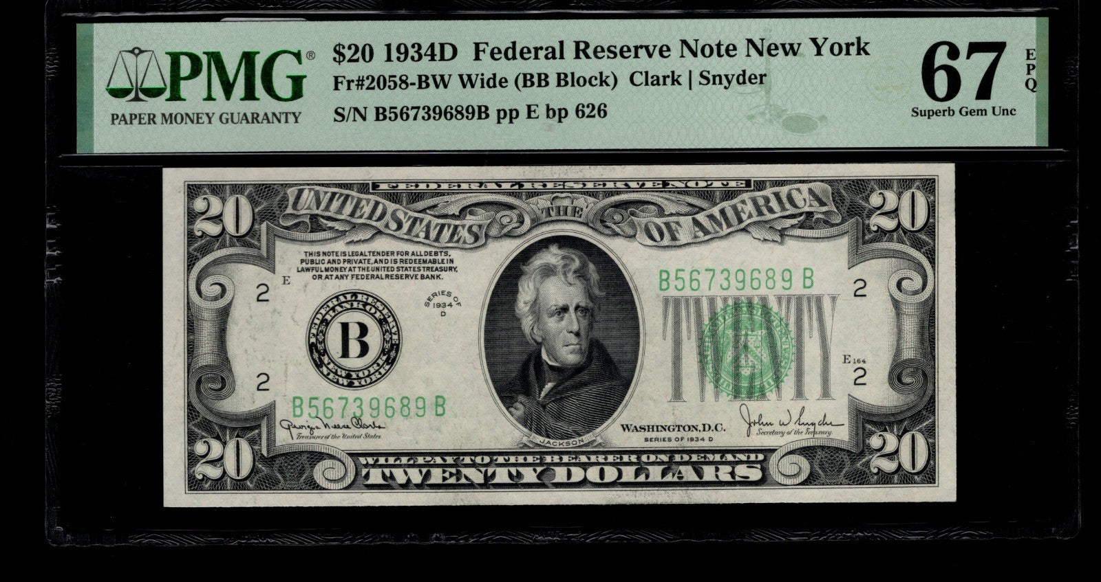 Twenty Dollar Federal Reserve Note FR 2058BW PMG 67 1934D $20 FRN