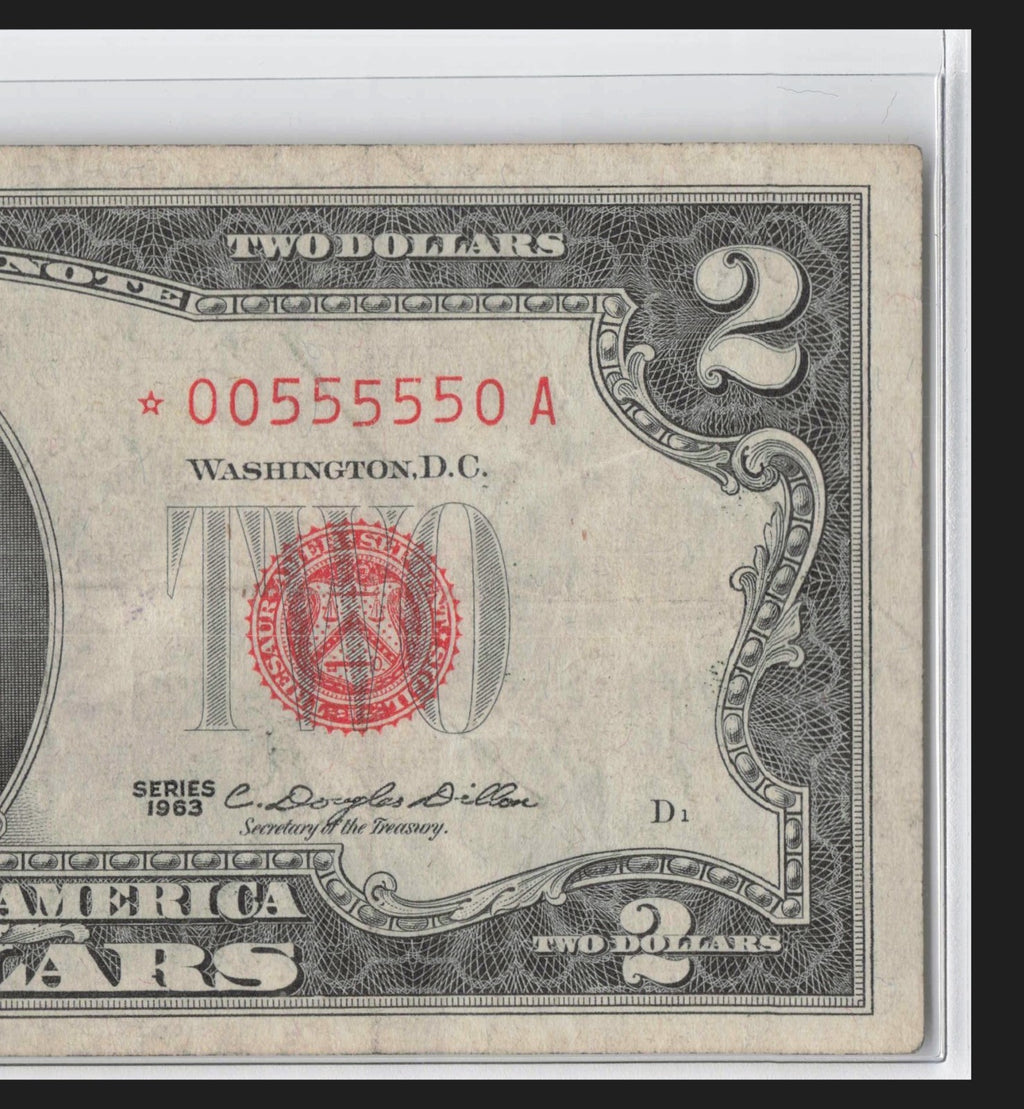 Binary 0s 5s Fancy Serial Number Two Dollar Red Seal Star Note Five in a Row 5s