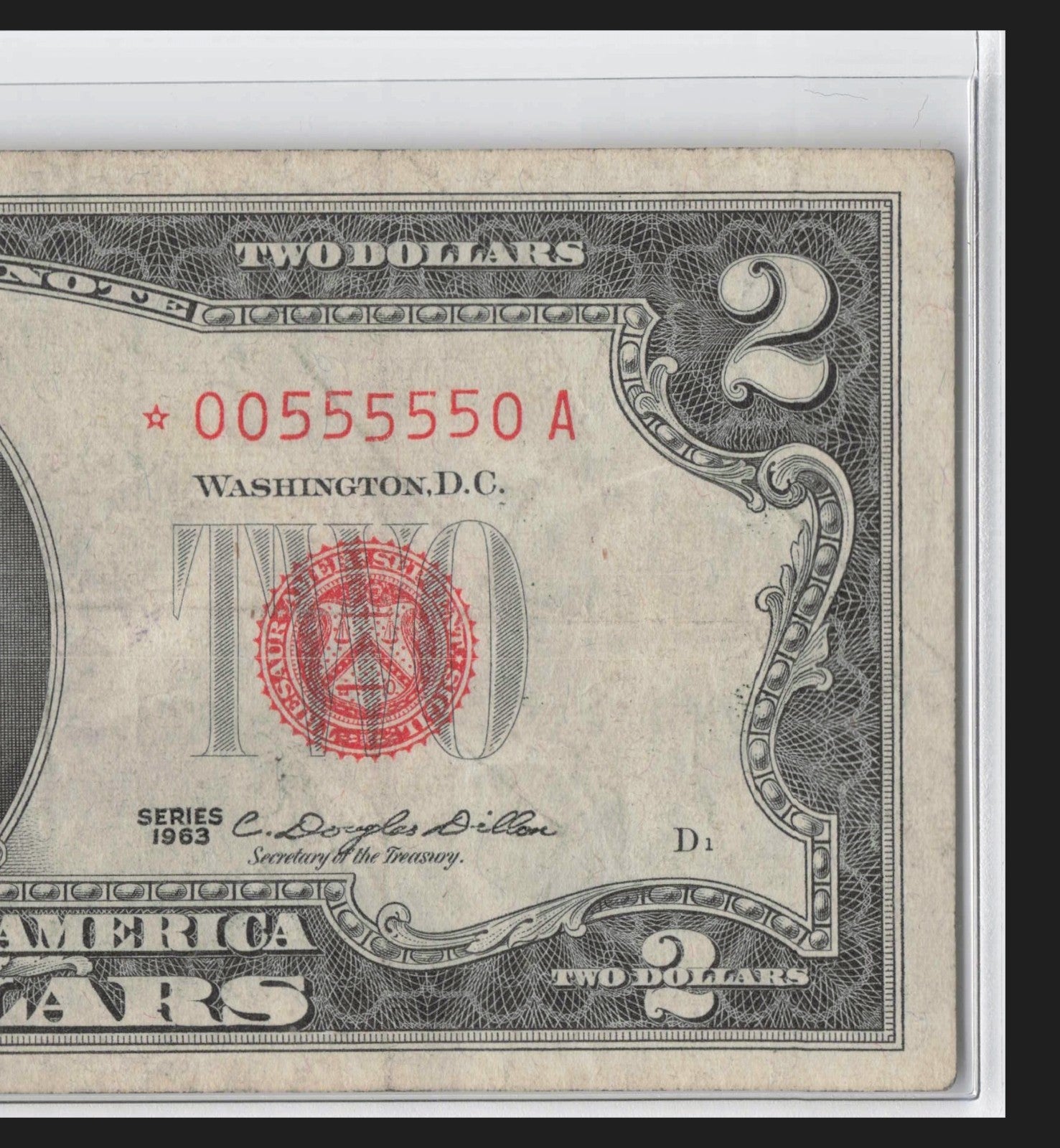 Binary 0s 5s Fancy Serial Number Two Dollar Red Seal Star Note Five in a Row 5s