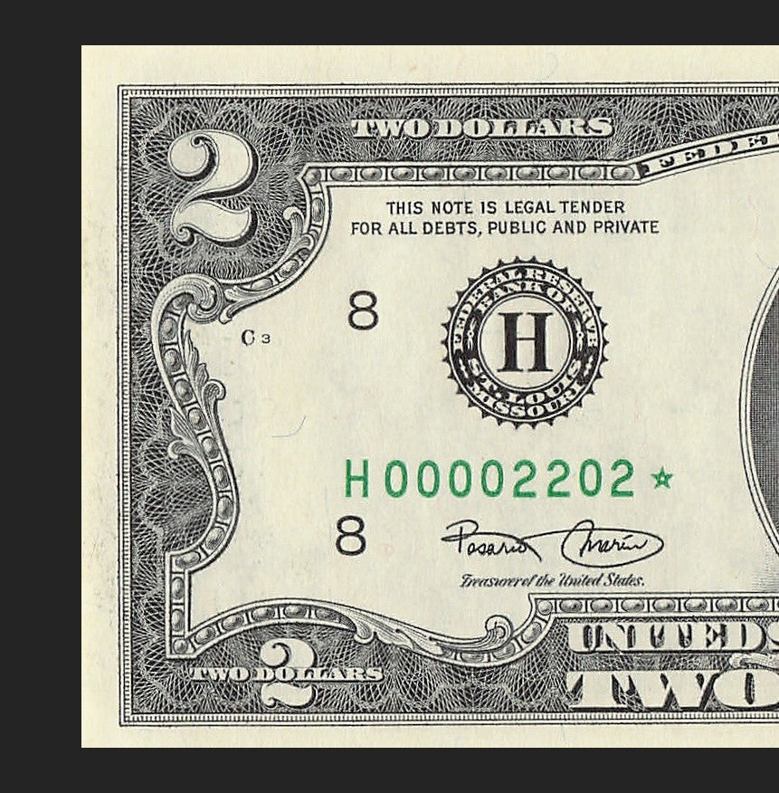 Binary Low Serial Number Star Note Two Dollar Bill H00002202* 2s 0s St Louis