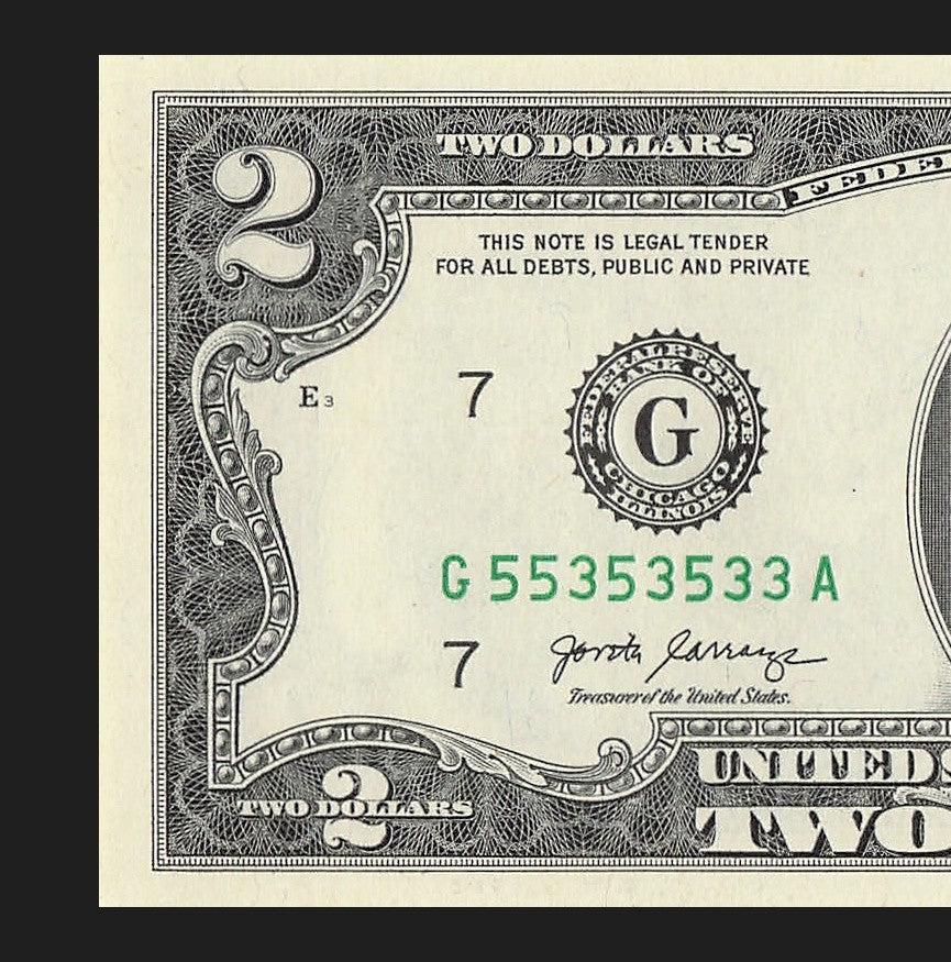 Binary Two Dollar Bill Fancy Serial Number 2017A $2 Binary 3s 5s