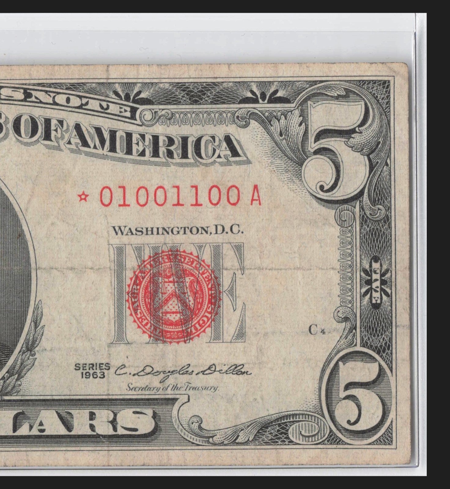 True Binary Star Note 0s 1s Fancy Serial Number Five Dollar Red Seal 1963