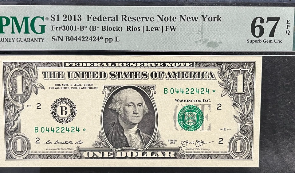 2013 B Duplicate Star Note Error One Dollar Bill B04422424* 67EPQ FW Trinary