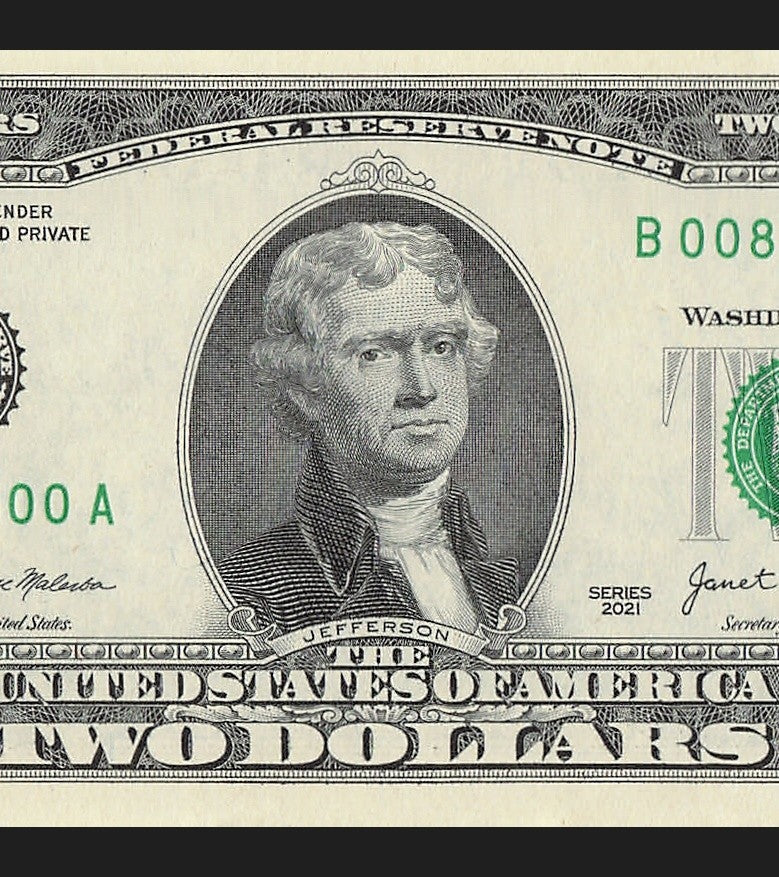 2021 $2 Two Dollar Bill Binary Radar Fancy Serial Number 0s 8s Janet Yellen