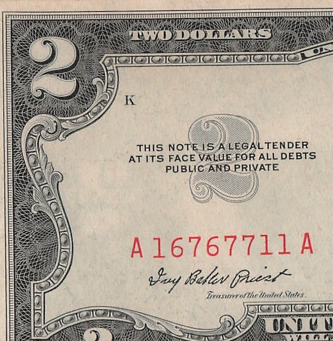 Trinary Fancy Serial Number Two Dollar Red Seal 1953 1s 6s 7s