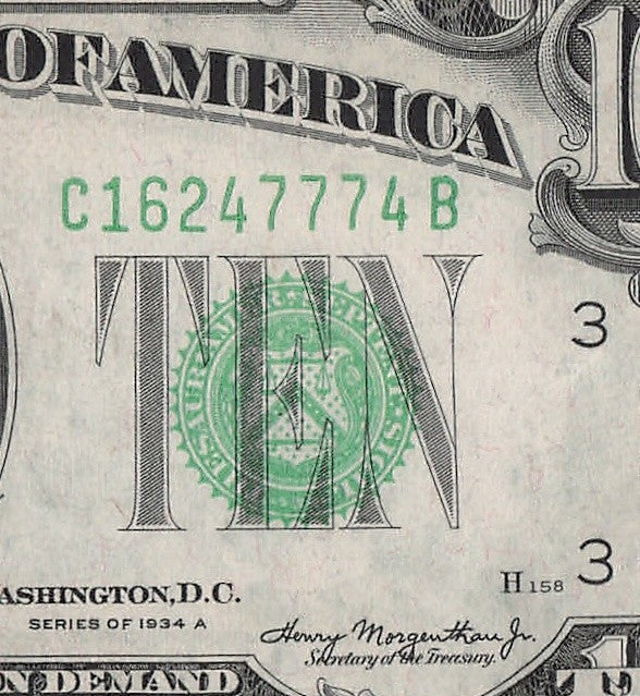 Ten Dollar Federal Reserve Note Philadelphia 1934A UNC Condition