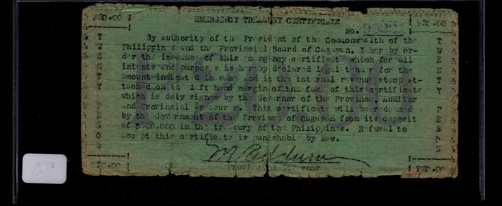CAGAYAN Province Emergency Treasury Certificate 20 Pesos WW 2 Guerilla Note