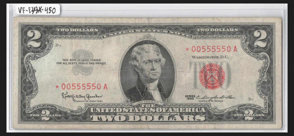 Binary 0s 5s Fancy Serial Number Two Dollar Red Seal Star Note Five in a Row 5s
