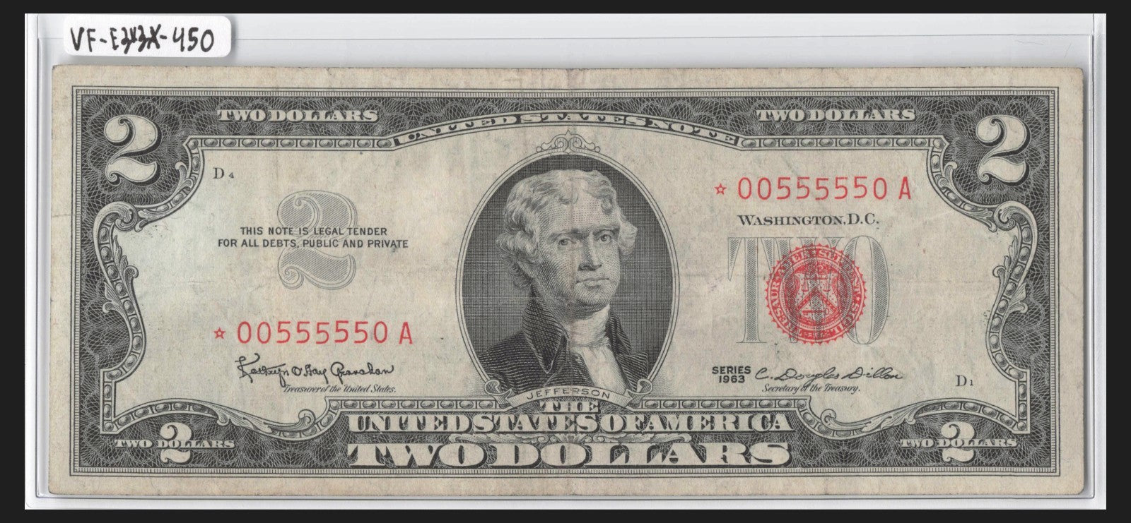 Binary 0s 5s Fancy Serial Number Two Dollar Red Seal Star Note Five in a Row 5s