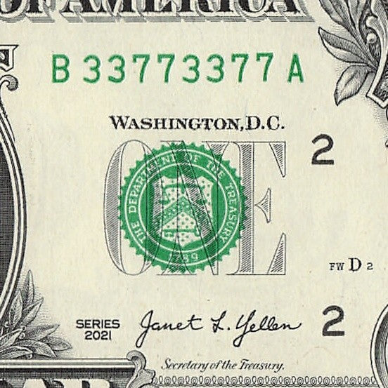 Binary Repeater Fancy Serial Number One Dollar Bill 3s 7s 2021 BA Block $1