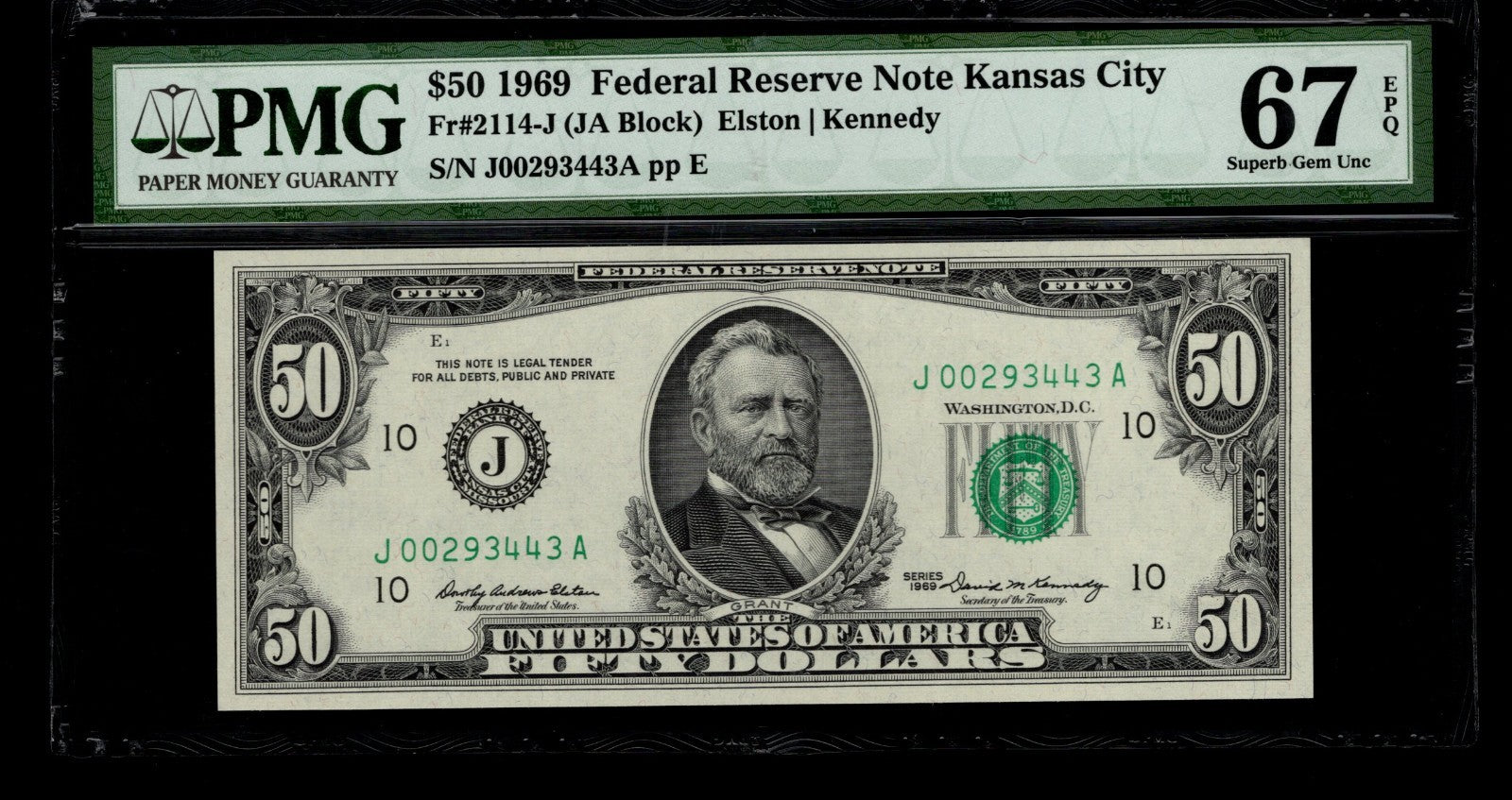 Fifty Dollar Federal Reserve Note FR 2114J PMG 67 1969 $50 FRN Kansas City