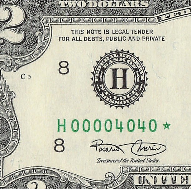 Binary Low Serial Number Star Note Two Dollar Bill H00004040* 4s 0s St Louis
