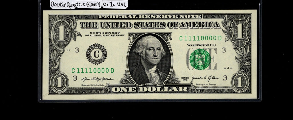 Double Quad True Binary 0s 1s Fancy Serial Number One Dollar Bill CD Block 2021