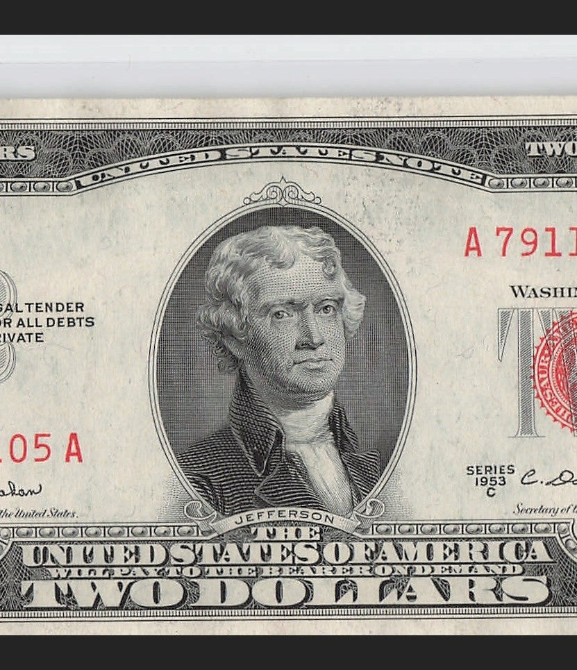 Four in a Row 1s Fancy Serial Number Two Dollar Red Seal 1953C $2 POS 3