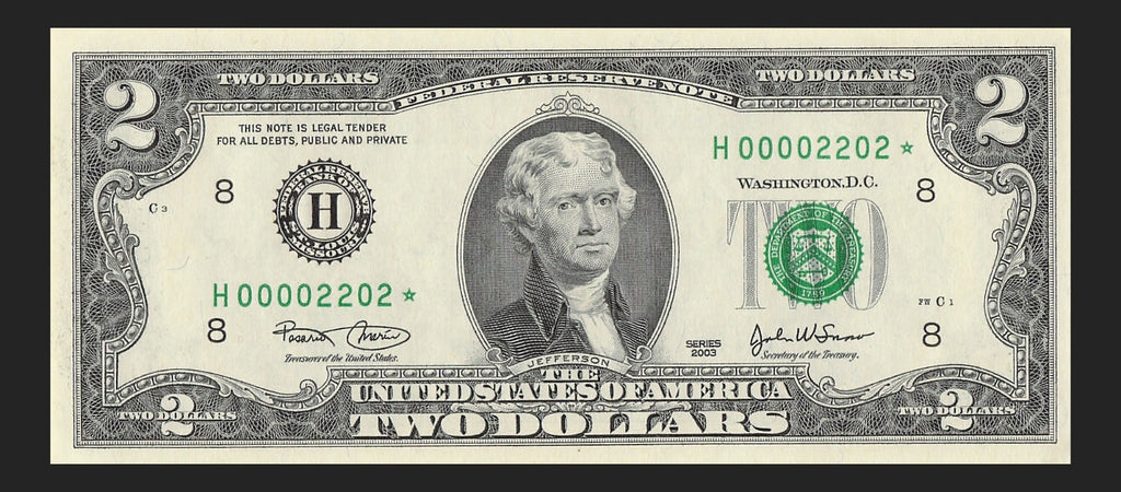 Binary Low Serial Number Star Note Two Dollar Bill H00002202* 2s 0s St Louis