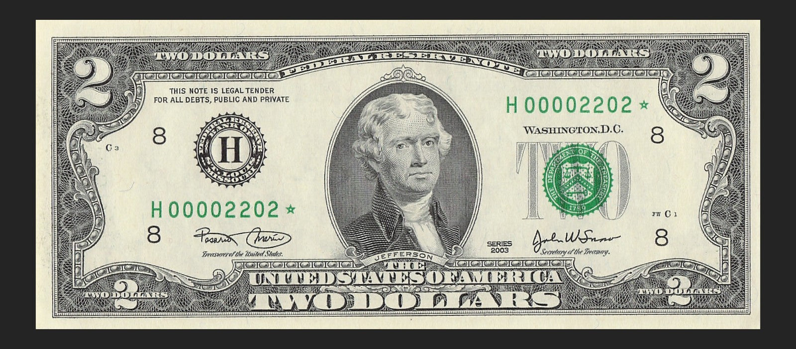 Binary Low Serial Number Star Note Two Dollar Bill H00002202* 2s 0s St Louis