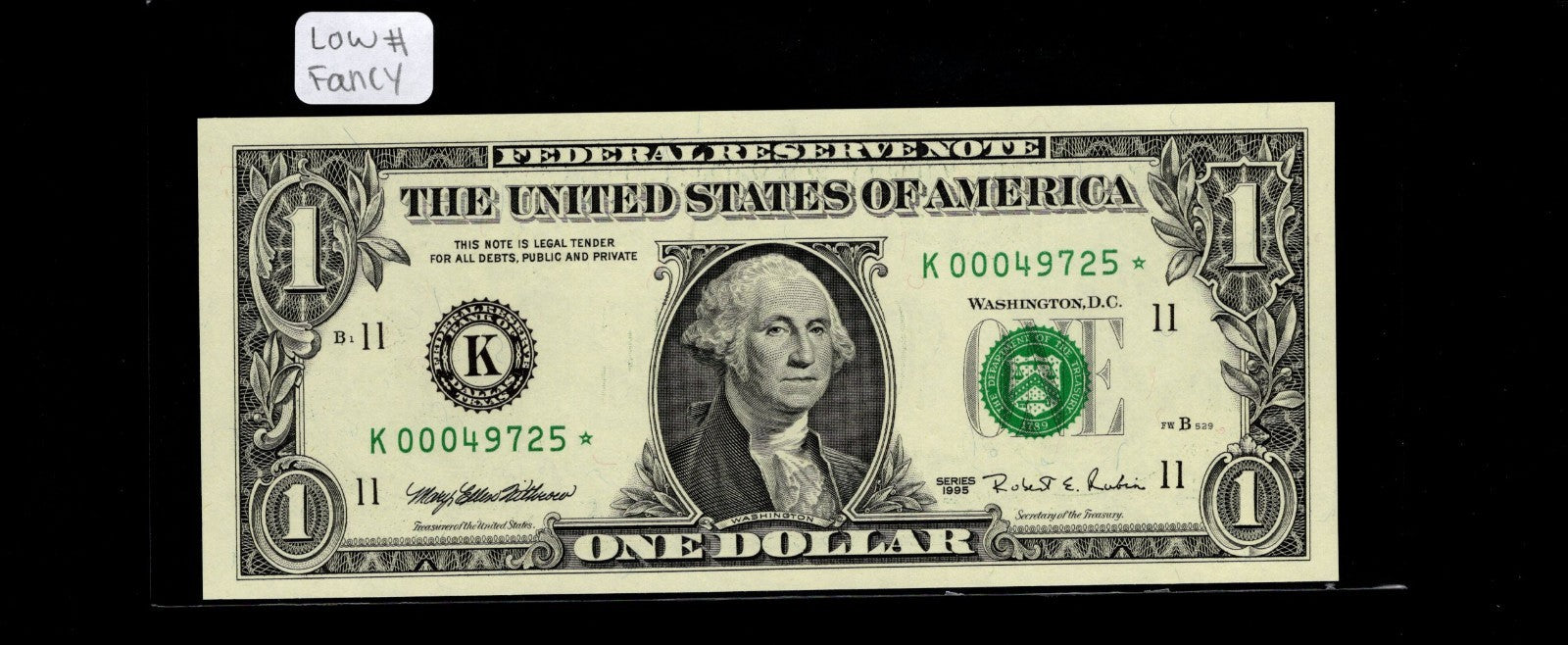 Low Serial Number Star Note One Dollar Bill 1995 K* Block  Dallas