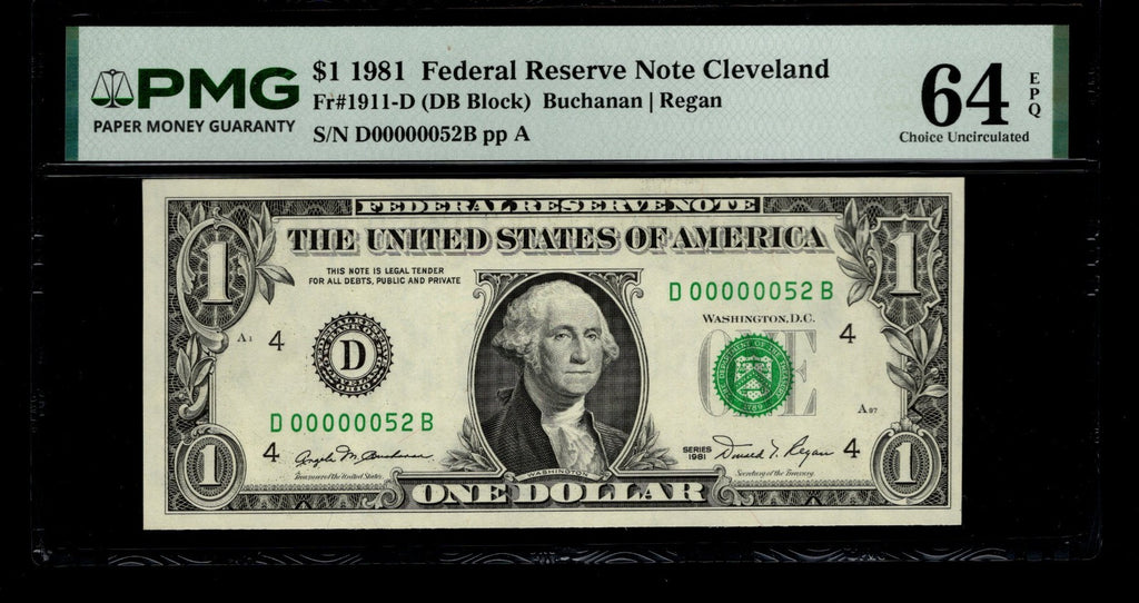 Low Serial Number 52 Fancy Serial Number One Dollar Bill PMG D00000052B