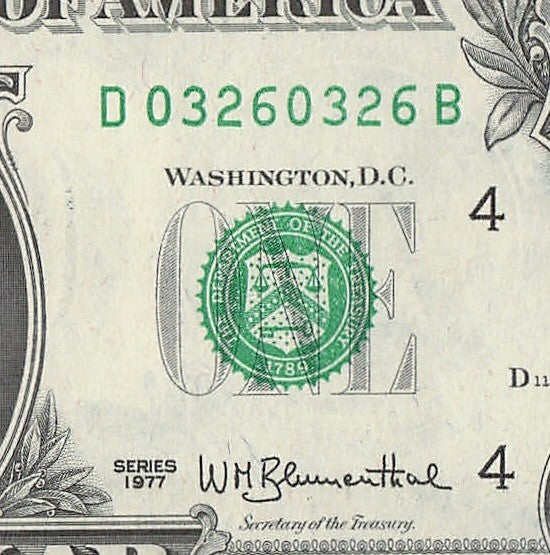 Repeater Fancy Serial Number One Dollar Bill 1977 Richmond 0s 2s 3s 6s DB