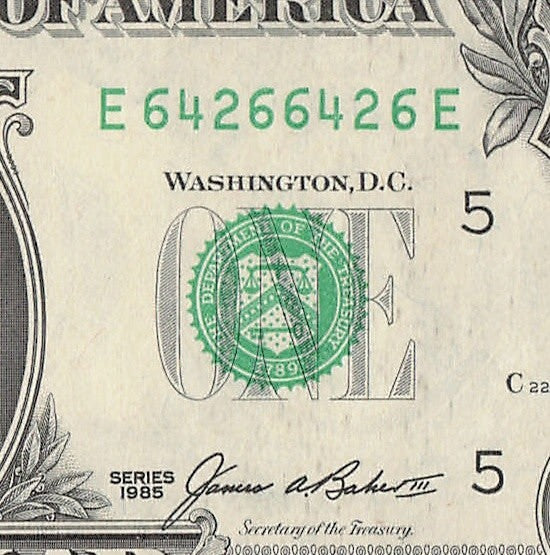 Repeater Fancy Serial Number One Dollar Bill 1985 2s 4s 6s EE Block Trinary